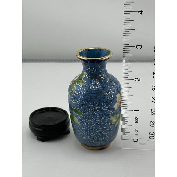 Vintage Mini Chinese Enameled Cloisonne Vase w/ Stand 3 inch Blue PinkFloral - Picture 8 of 8